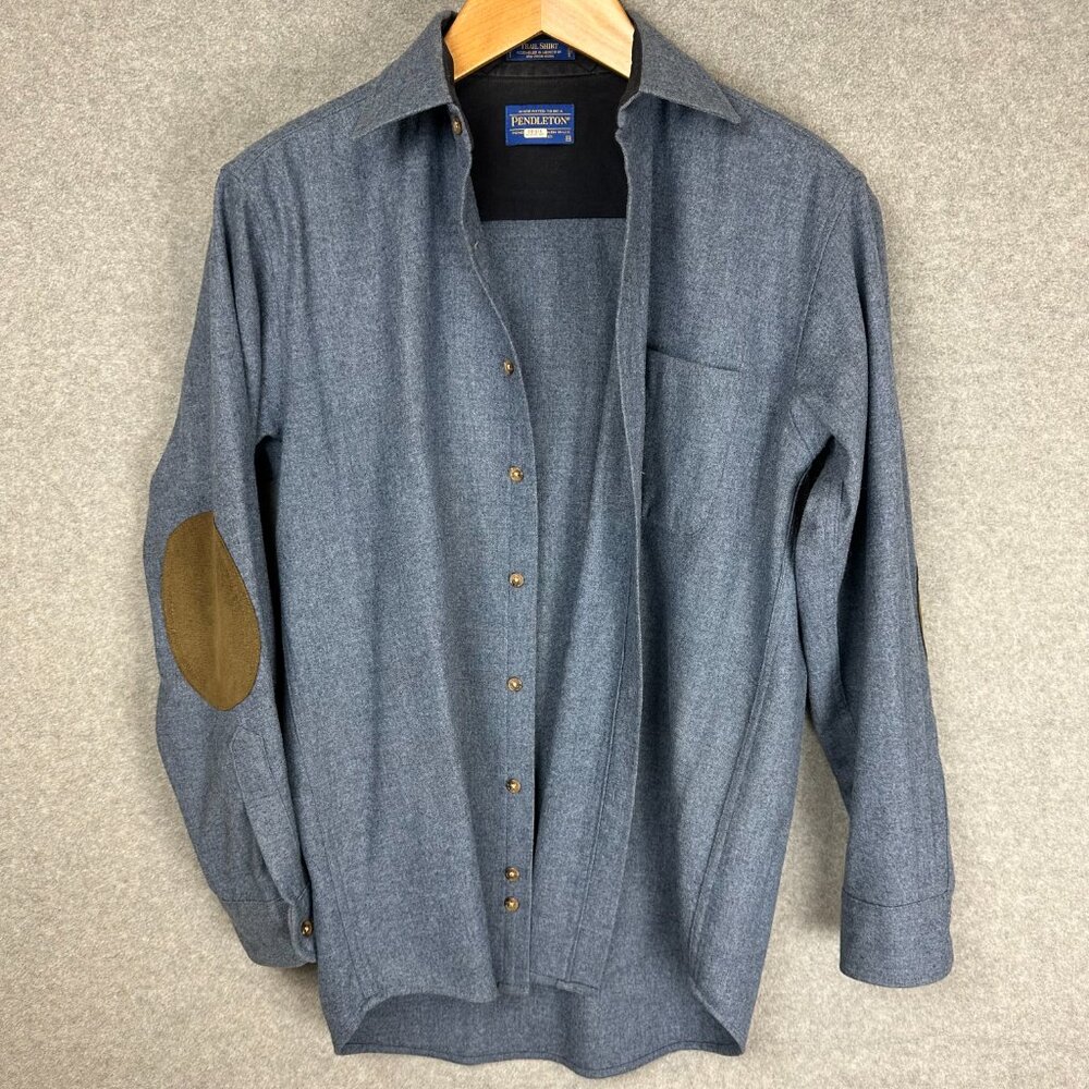 Pendleton Trail Shirt Men's M Blue Wool Elbow Patch Outdoor Heritage Cabincore